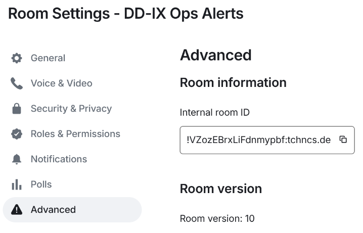 Element screenshot with room ID